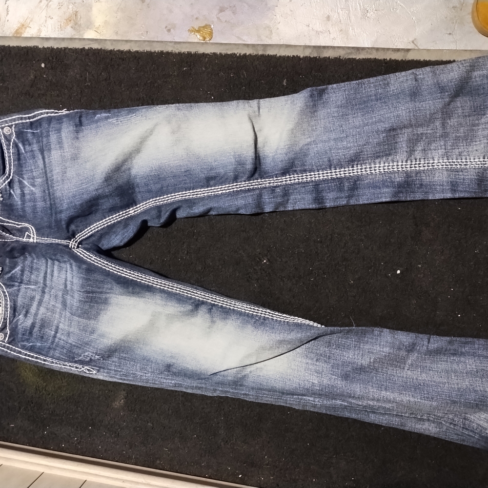 Rock Revival Blue and White Boot Cut Jeans with Vintage Fading